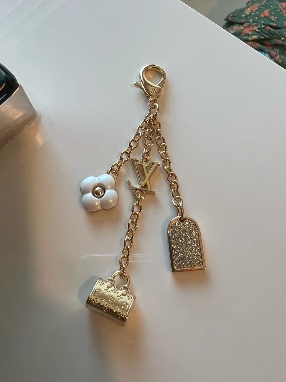 Gold and White Charm Keychain with Floral and Pavé Accents